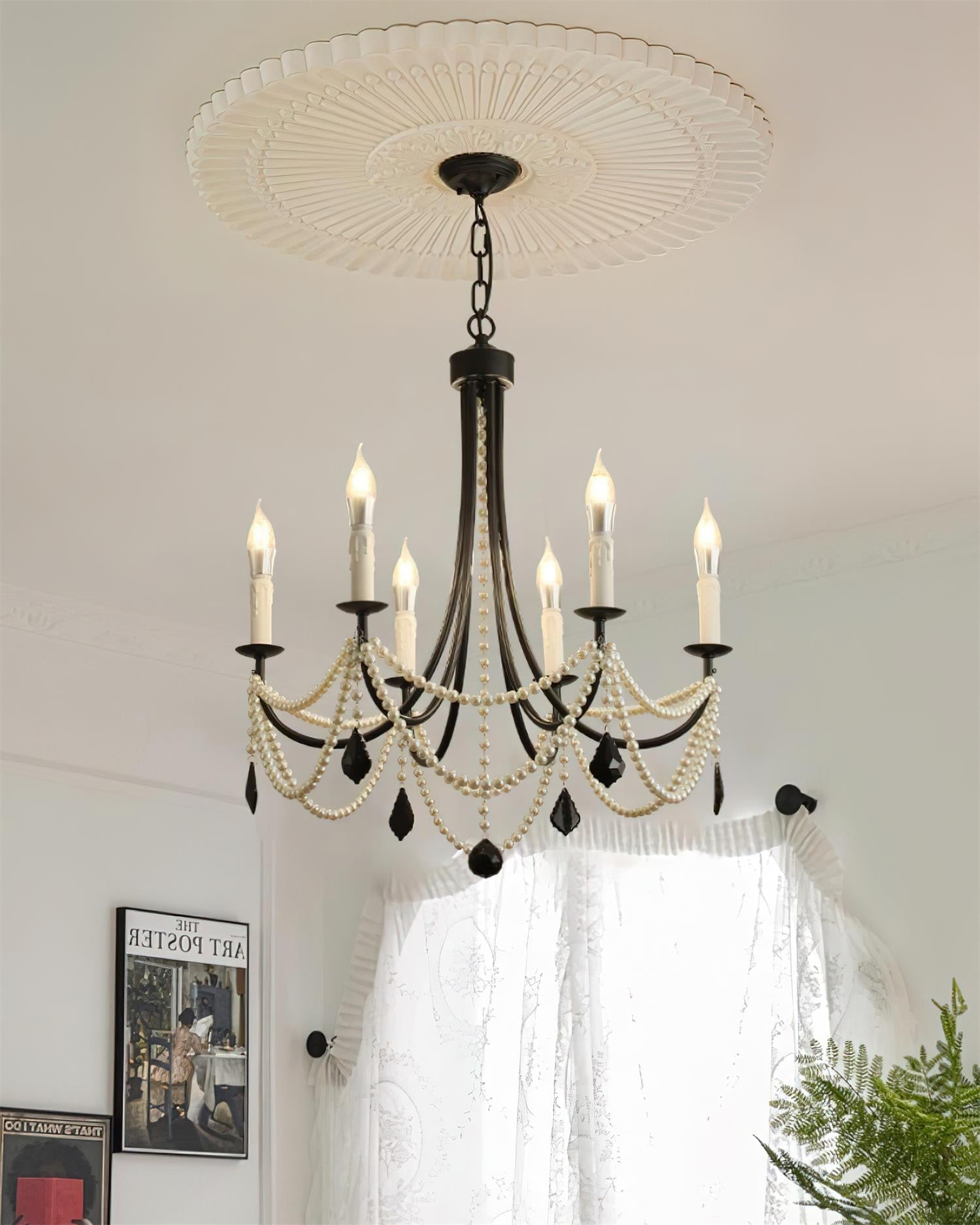 Luminaire Rococo Lustre Style Bougie Cristal Noir Pendentif
