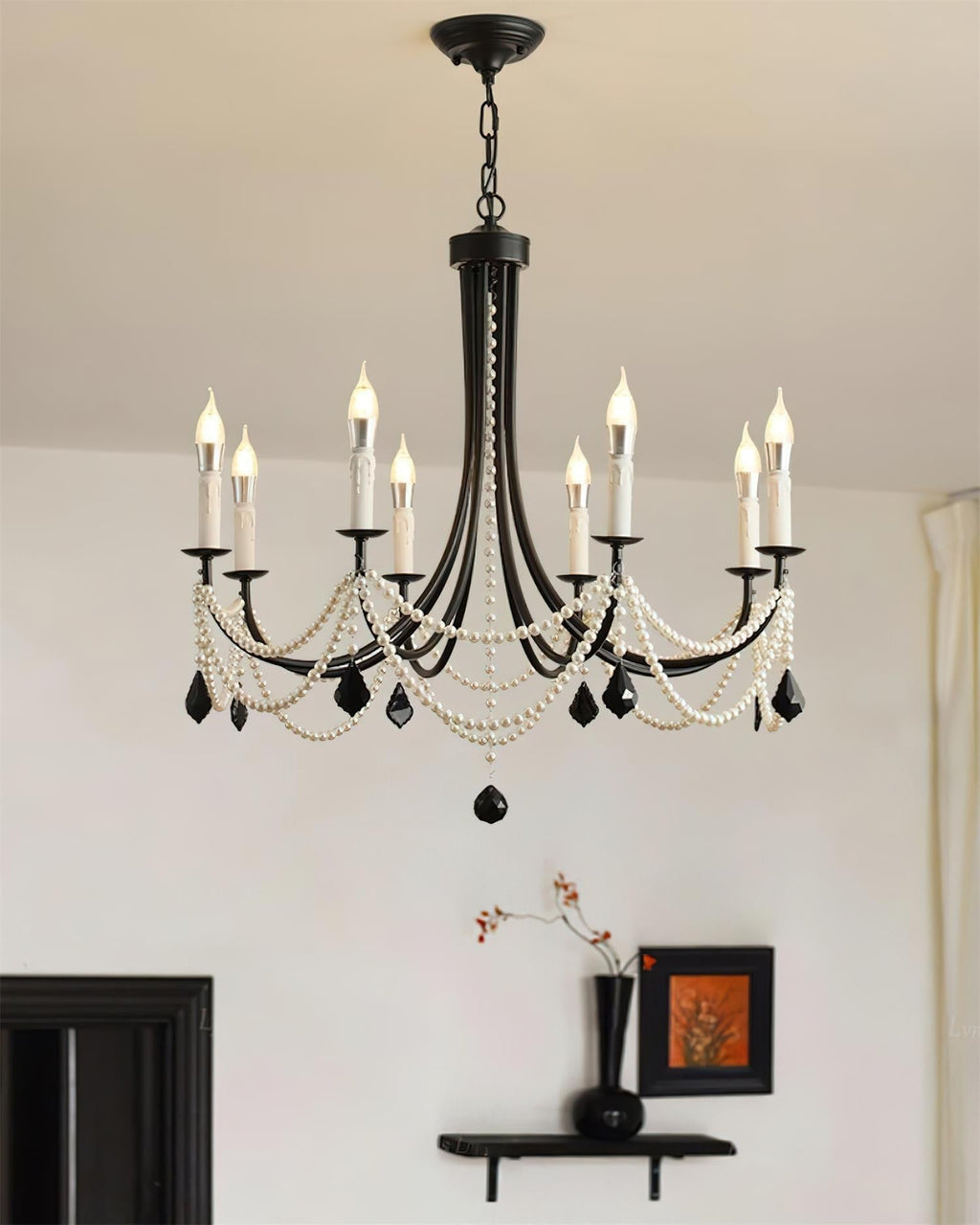 Luminaire Rococo Lustre Style Bougie Cristal Noir Pendentif