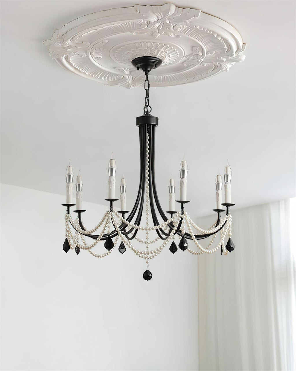 Luminaire Rococo Lustre Style Bougie Cristal Noir Pendentif