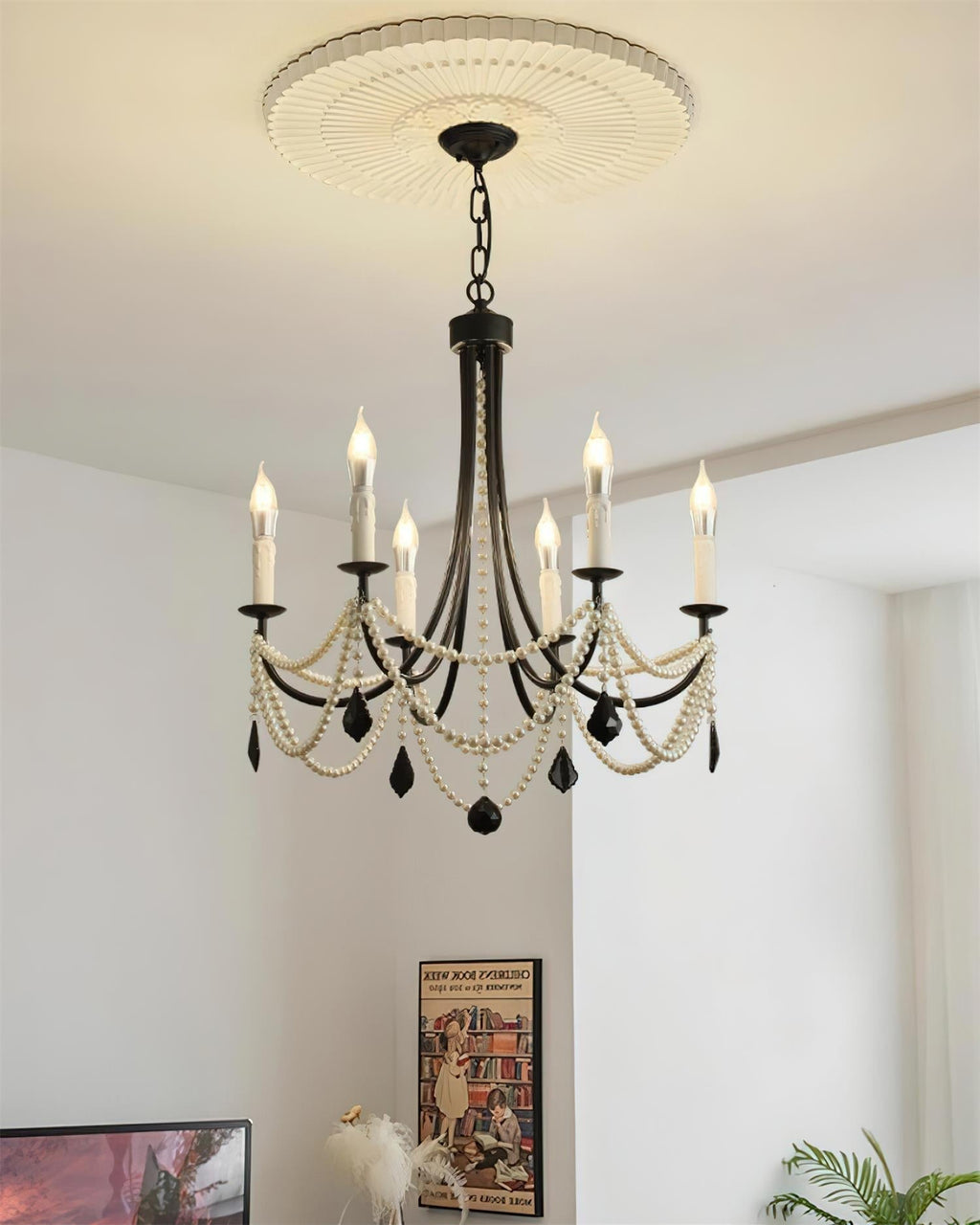 Luminaire Rococo Lustre Style Bougie Cristal Noir Pendentif