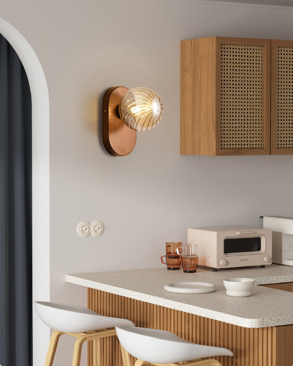 Applique Murale Bois Corps Ambre Verre Côtes Globe Moderne Accent