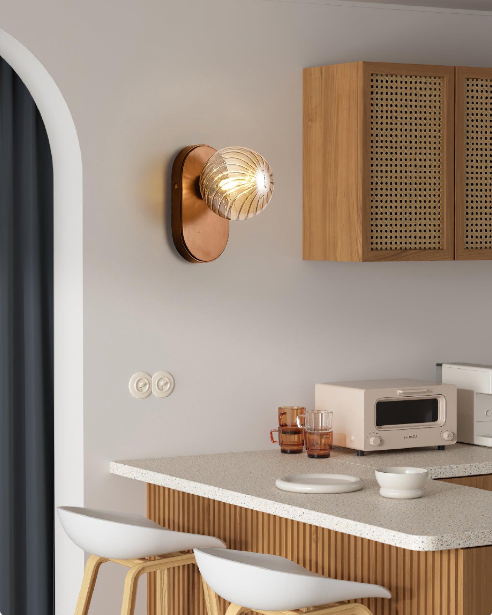 Applique Murale Bois Corps Ambre Verre Côtes Globe Moderne Accent