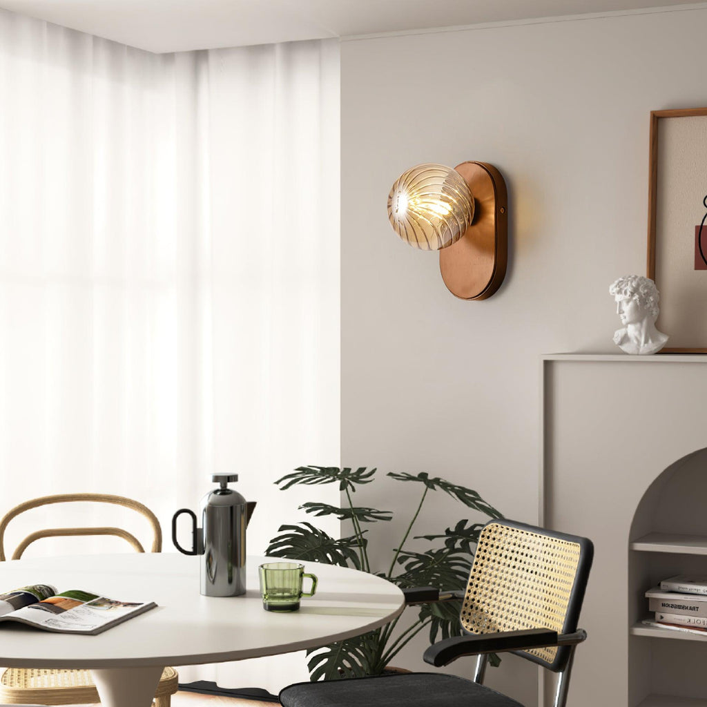 Applique Murale Bois Corps Ambre Verre Côtes Globe Moderne Accent