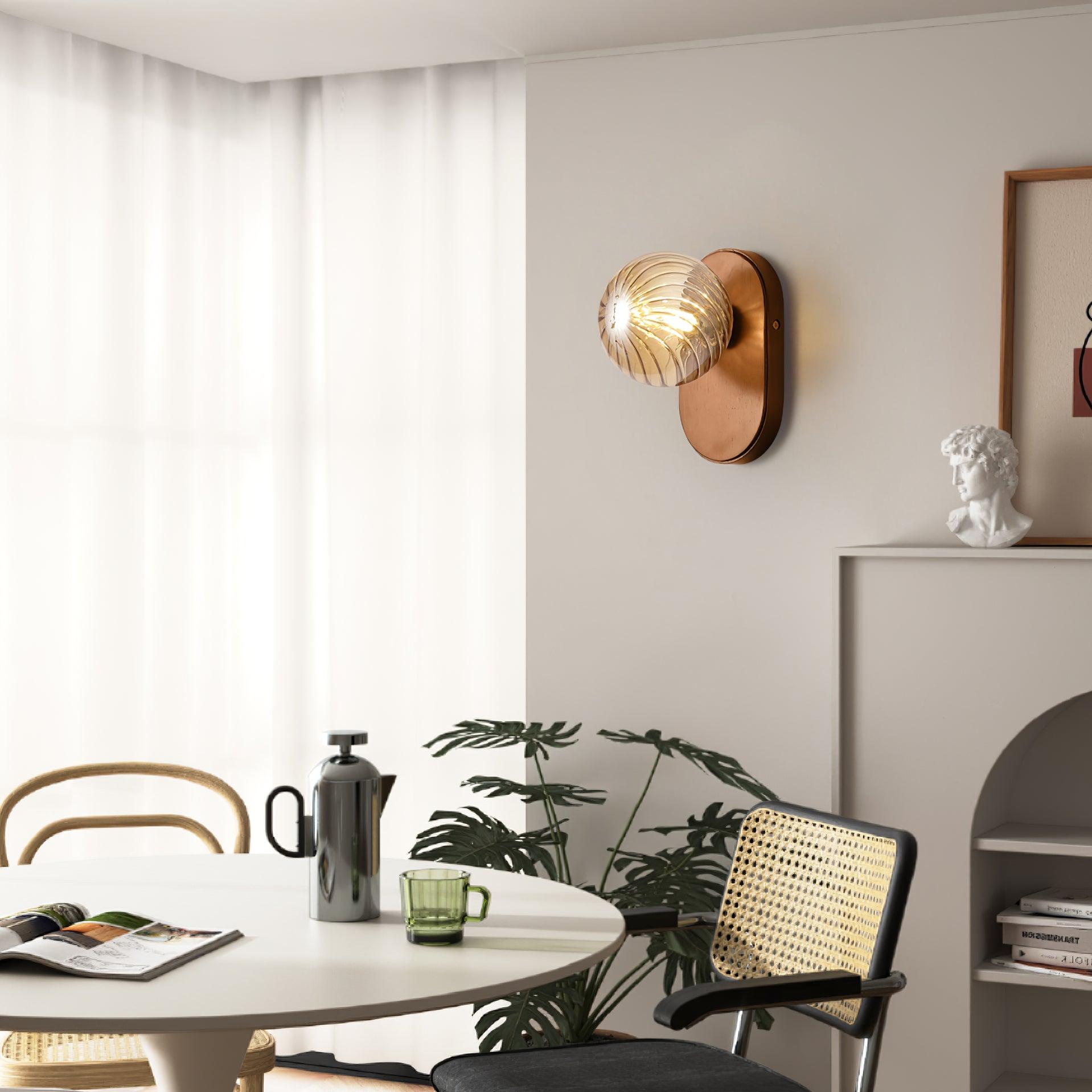 Applique Murale Bois Corps Ambre Verre Côtes Globe Moderne Accent