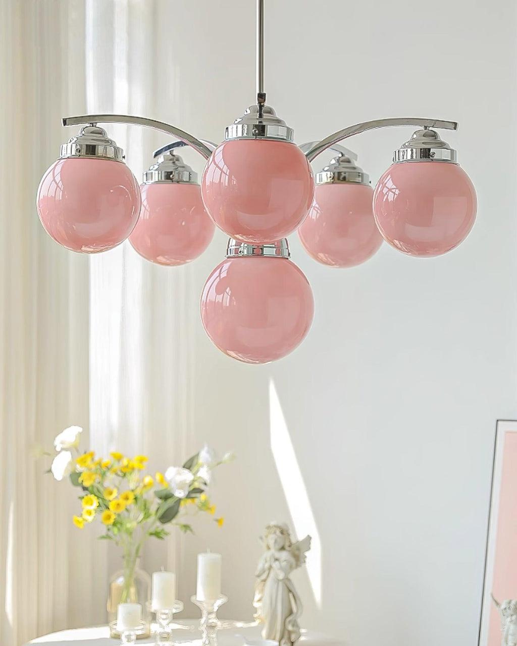 Luminaire en verre Salamanca Lustre Boules en Verre Rose Arcs en Chrome Stylé