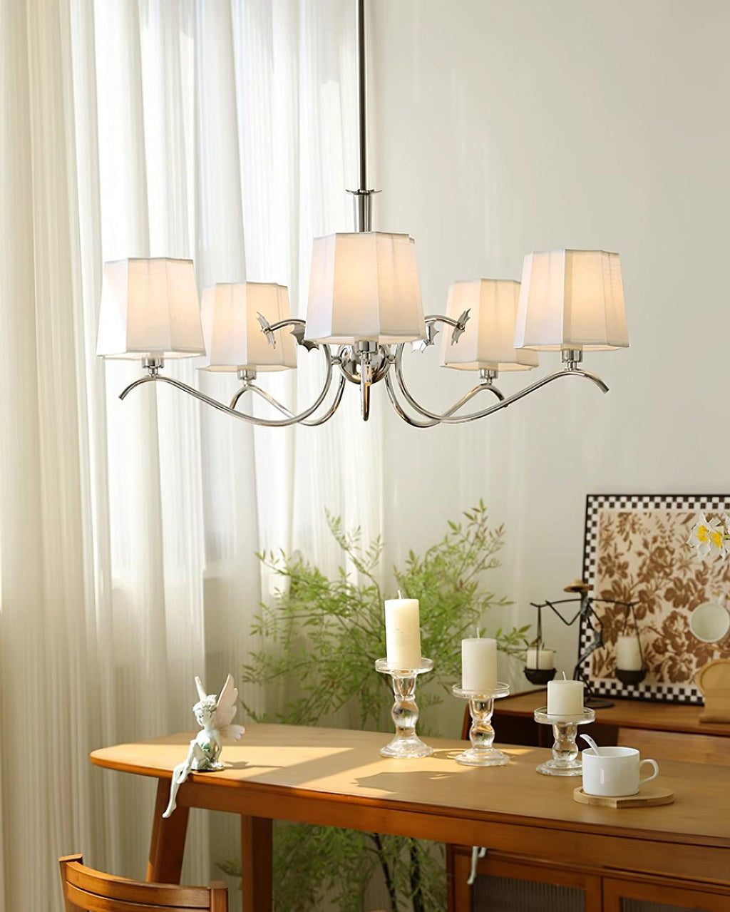 Luminaire Rockville Lustre Abat-jours en Tissu Bras Courbés en Nickel Élégant