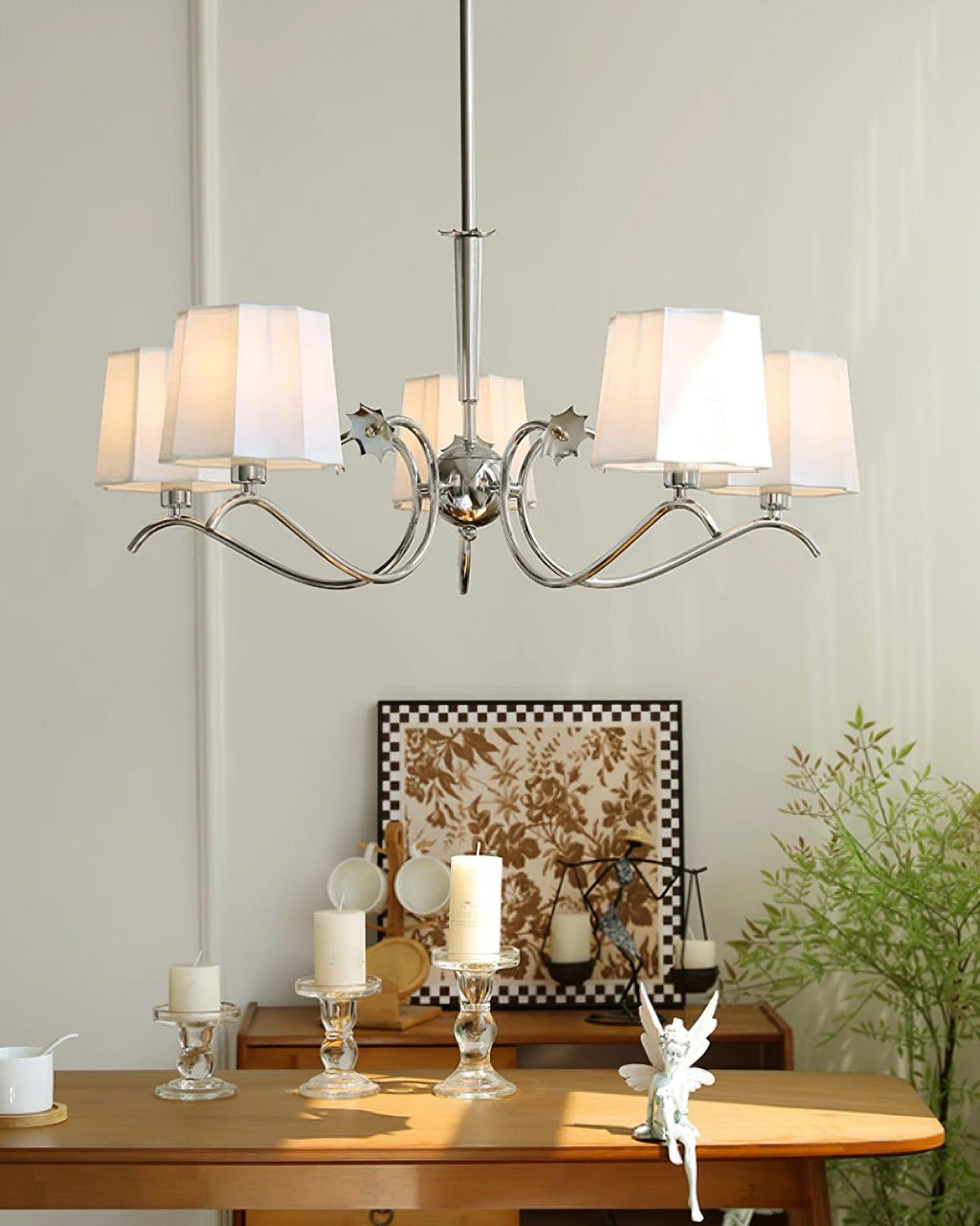 Luminaire Rockville Lustre Abat-jours en Tissu Bras Courbés en Nickel Élégant