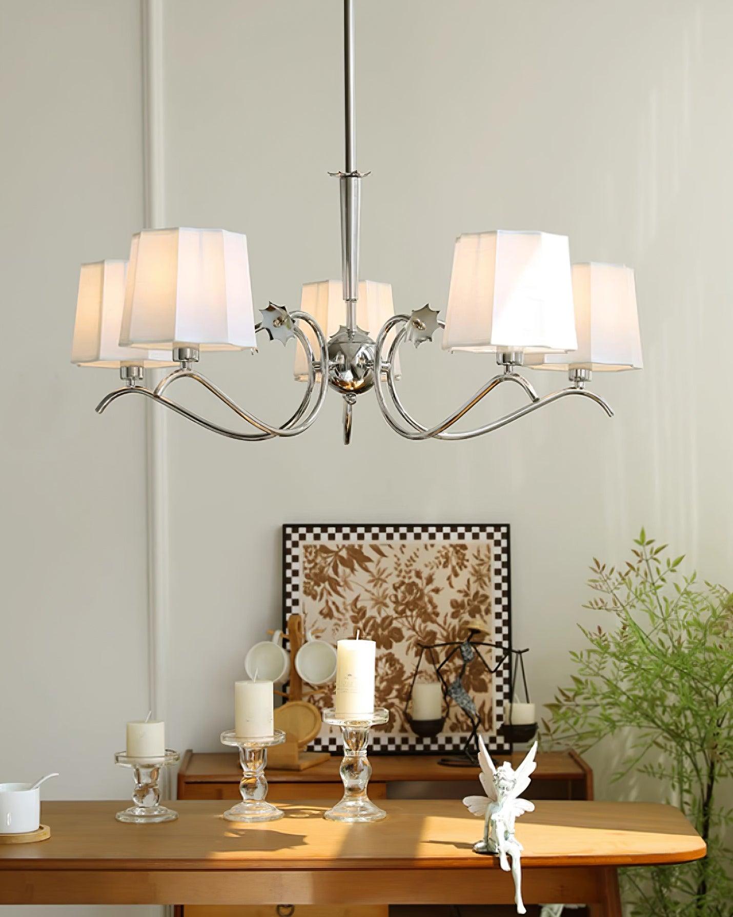 Rockville Lustre Abat-jours en Tissu Bras Courbés en Nickel Élégant