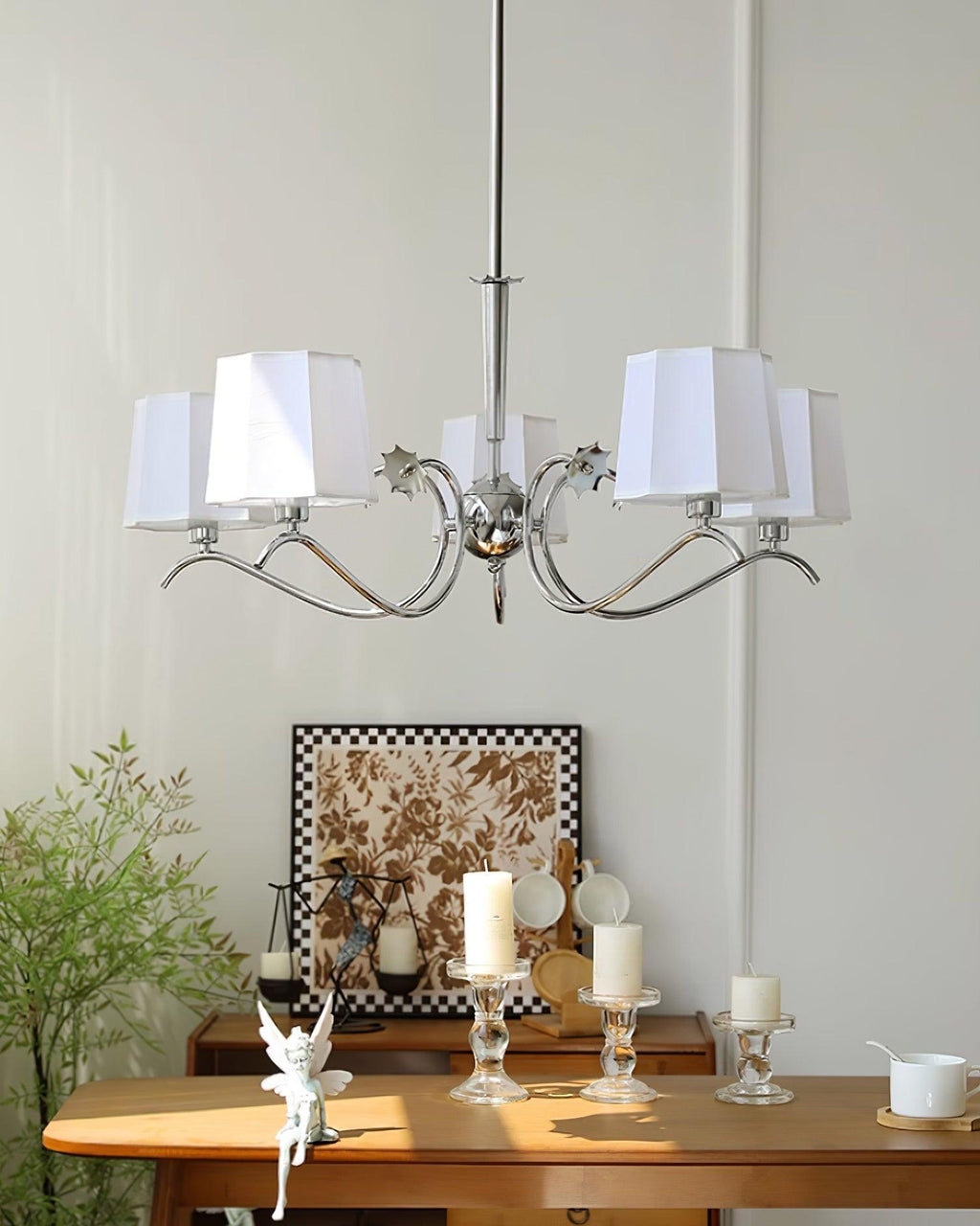 Luminaire Rockville Lustre Abat-jours en Tissu Bras Courbés en Nickel Élégant