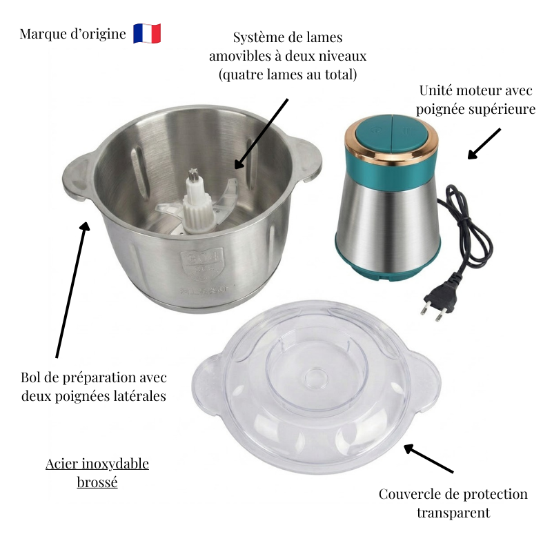 Hachoir à Viande Électrique 2L Inox – 300W | 4 Lames Acier | 2 Vitesses Multifonction