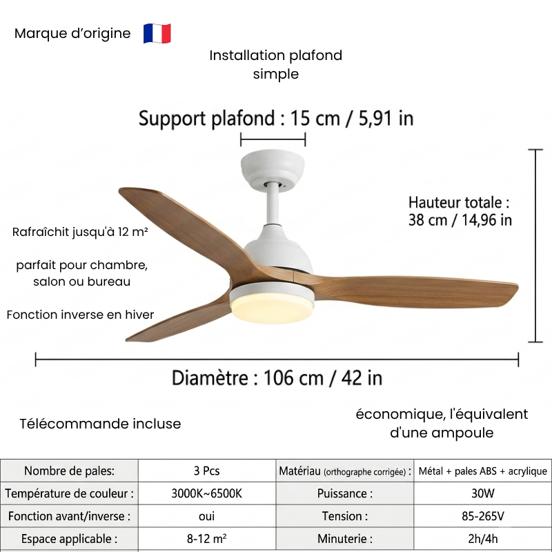 Ventilateur de Plafond Design Bois et Blanc avec LED Silencieux Télécommande incluse